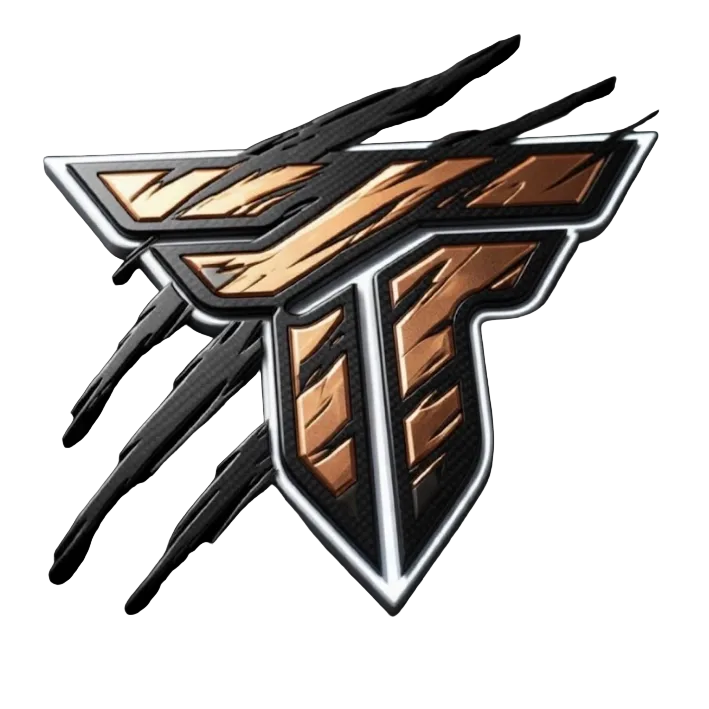 Logo with a stylized letter 'T' design on a white background